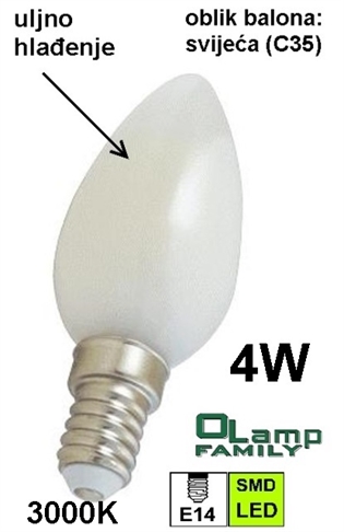 Žarulja LED sa uljnim hlađenjem E14 4W , svijeća (CANDLE) 3000K