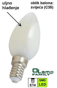 Žarulja LED sa uljnim hlađenjem E-14 3W , svijeća (CANDLE) 3000K