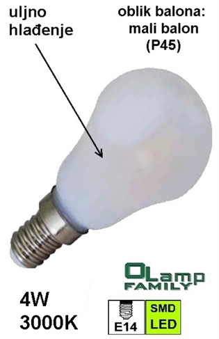 Žarulja LED sa uljnim hlađenjem E14 4W , P45 (mala kugla) 3000K