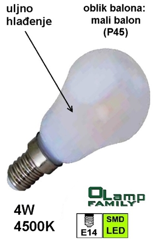 Žarulja LED sa uljnim hlađenjem E14 4W , P45 (mala kugla) 4500K