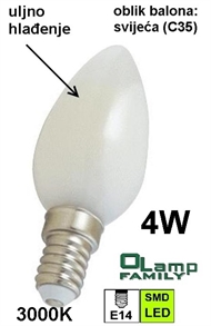 Žarulja LED sa uljnim hlađenjem E14 4W , svijeća (CANDLE) 3000K