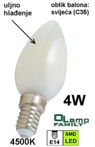 Žarulja LED sa uljnim hlađenjem E14 4W , svijeća (CANDLE) 4500K
