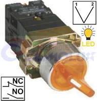 Selector knob switch 2-way, yellow,LED illuminated, 0-I , 1xNO+1xNC TP22mm