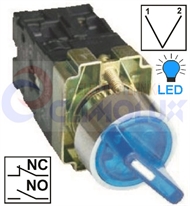 Selector knob switch 2-way, blue, LED illuminated, 0-I , 1xNO+1xNC TP22mm