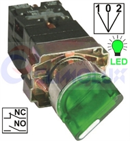 Selector knob switch 3-way, green,LED illuminated, I-0-II , 1xNO+1xNC TP22mm