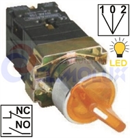 Selector knob switch 3-way, yellow,LED illuminated, I-0-II , 1xNO+1xNC TP22mm