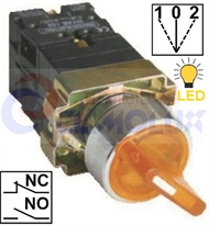 Selector knob switch 3-way,spring return , yellow,LED illuminated, I-0-II , 1xNO+1xNC TP22mm
