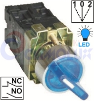 Selector knob switch 3-way, spring return, blue, LED illuminated, I-0-II , 1xNO+1xNC TP22mm