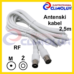 Antenski kabel RF muški na ženski , 2,5m, bijeli