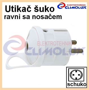 Utikač šuko ravni sa nosačem, bijeli